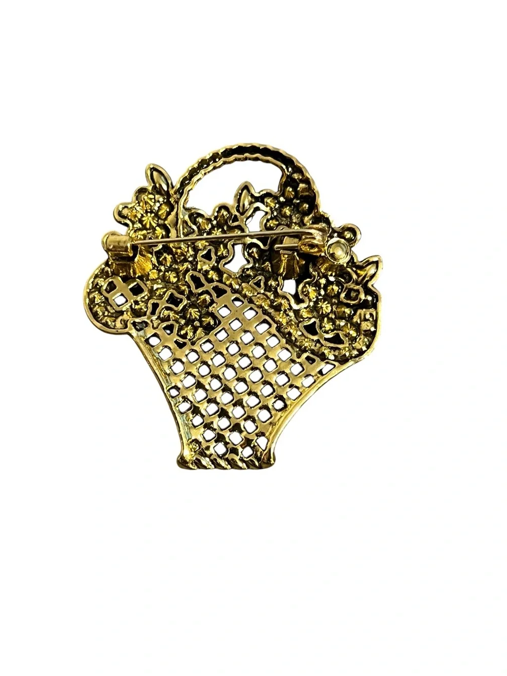 Gold-Tone Rhinestone Floral Basket Brooch